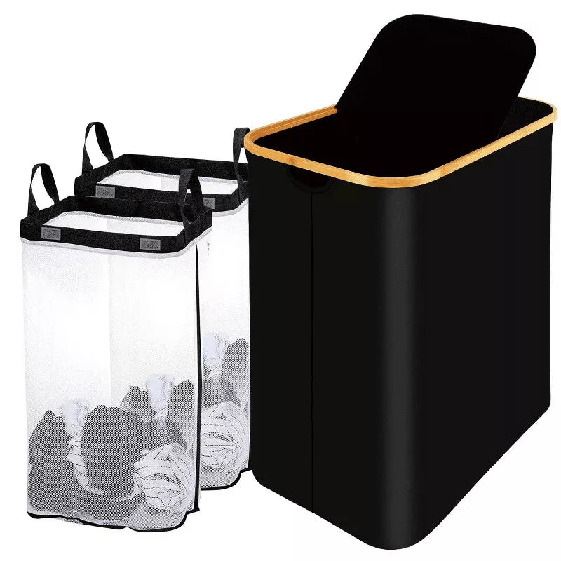 BestParts 150L Waterproof Double Laundry Hamper with Lid, Bamboo Handles & 2 Removable Bags, Blac