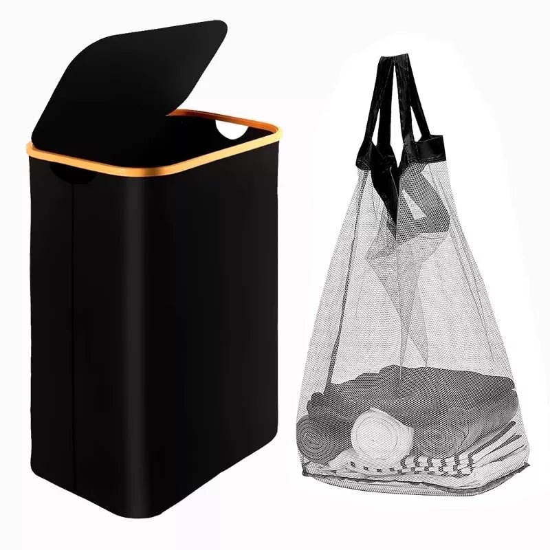 BestParts 105L Waterproof Collapsible Laundry Hamper with Lid & Bamboo Handles, Removable Bag, Black
