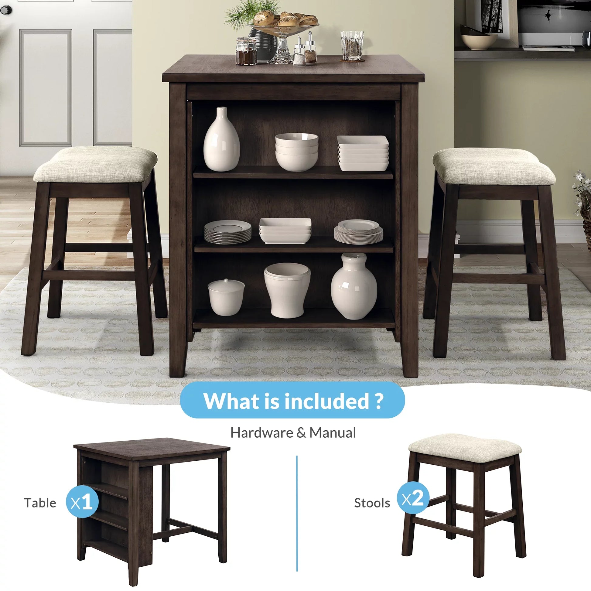 3 Piece 35.8" Dining Table with Padded Stools, Table Set with Storage Shelf,Brown